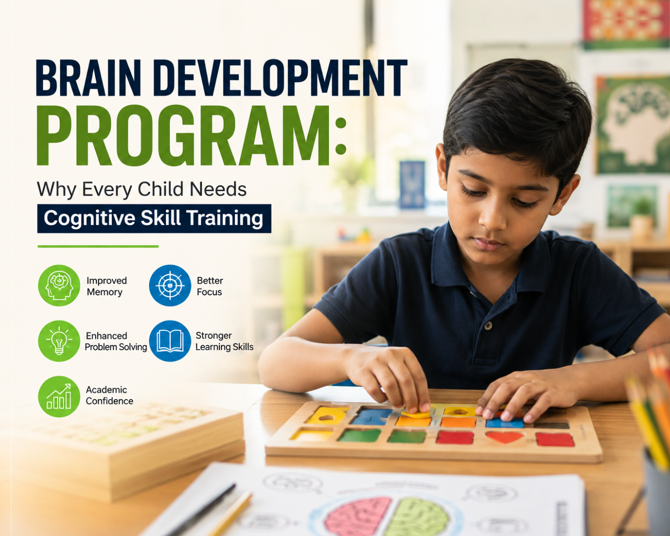 Child participating in a brain development program activity for cognitive skill training