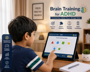 Child doing online brain training exercises for ADHD on a tablet